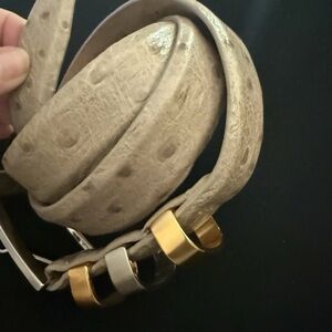 Sandy Duftler 1” Ostrich Leather Belt Tan Beige Size Large mixed metals